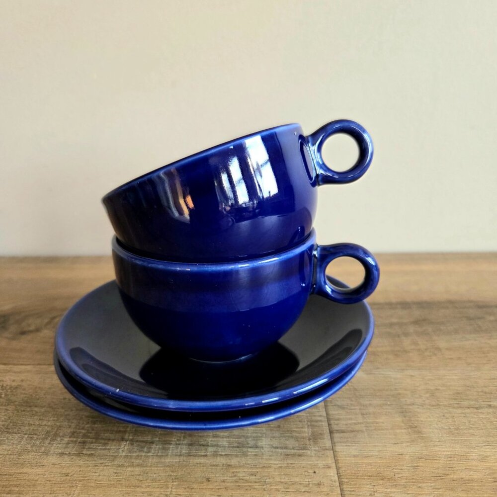Set of 2 cobalt blue ceramic coffee cups with saucers. Made in Italy.